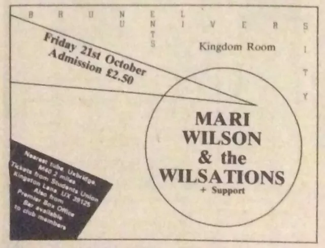 Mari Wilson & The Wilsations - Gig Advert - Brunel University - 21/10/1982