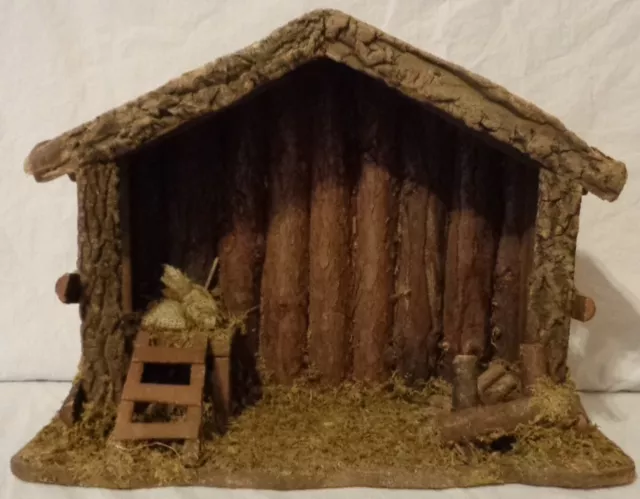 VINTAGE CHRISTMAS NATIVITY STABLE CRECHE NATURAL WOODEN MOSS PRIMITIVE 16x11x6"