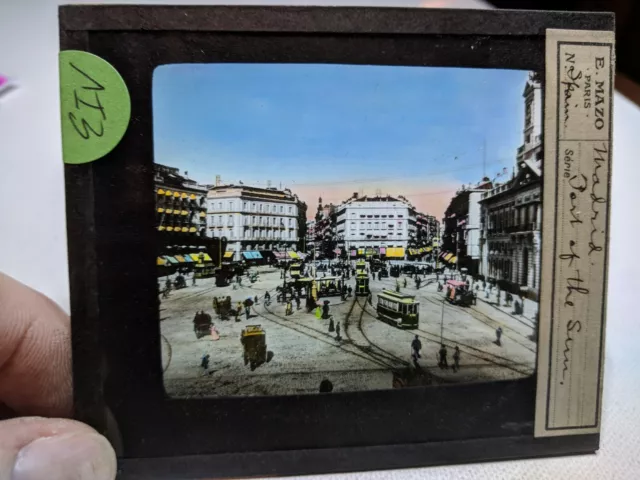 HISTORIC Glass Magic Lantern Slide EIV SPAIN MADRID PORT SUN RR STREET TROLLEYS