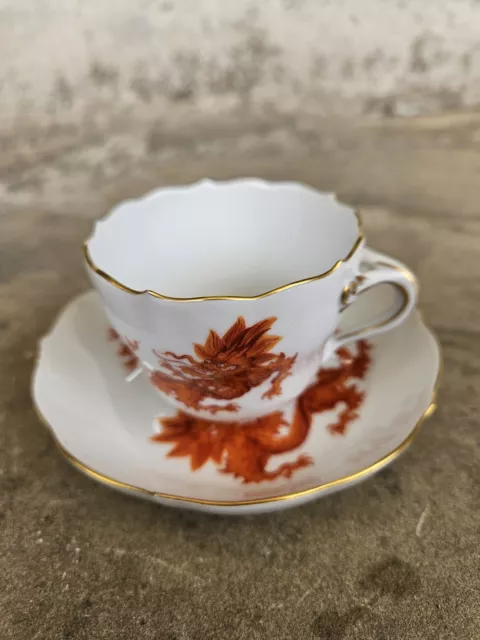 RRR RARE Antique Meissen Hand Painted Red & Gold Ming Dragon Tea Cup & Saucer