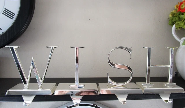 Pottery Barn Stock"WISH" STOCKING Holder Hangers SET OF 4 Heavy Duty Silver Tone
