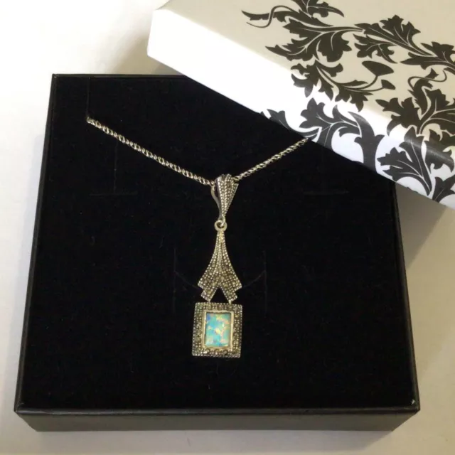 Collana Ciondolo Marcasite Argento Sterling Opale Fuoco Anni '20 Art Déco Sposa