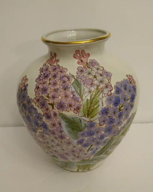 Vintage Andrea By Sadek Vase Purple Pink LILAC Floral Hand Painted 9" tall x 7"
