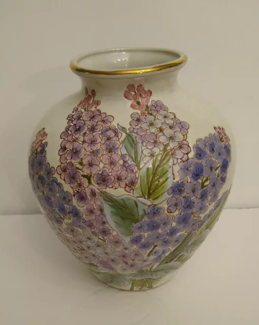 Vintage Andrea By Sadek Vase Purple Pink LILAC Floral Hand Painted 9" tall x 7"
