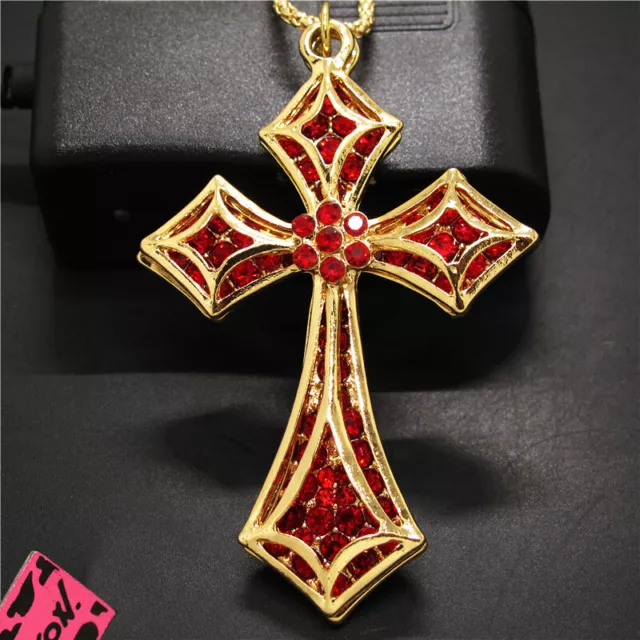 New  Betsey Johnson Rhinestone Red Cross Religion Crystal Pendant Chain Necklace