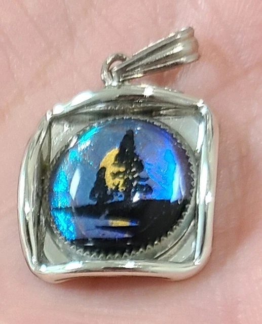 VINTAGE ART DECO Butterfly Wing Hand Painted Moon Tree Landscape Silver Pendant
