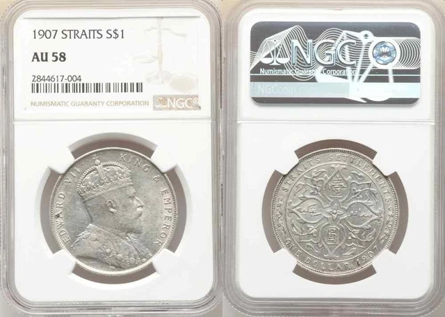 1907 Silver Coin One Dollar Straits Settlement Malaya Edward VII of England AU58