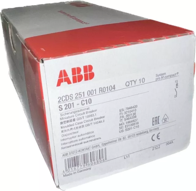 ABB 2CDS 251 001 R0104 Leistungsschutzschalter S 201-C10 1VE=10 Stück