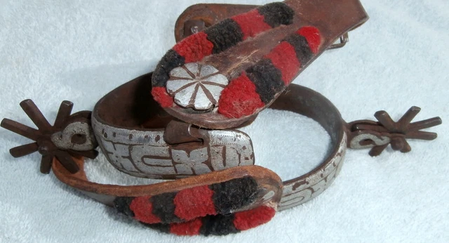 Antique  Iron Mexican Silver Double Mounted Horse Spurs Red/Black Corona  Straps