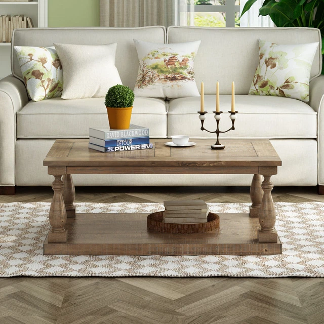 U_STYLE Rustic Floor Shelf Coffee Table with Storage; Solid Pine Wood