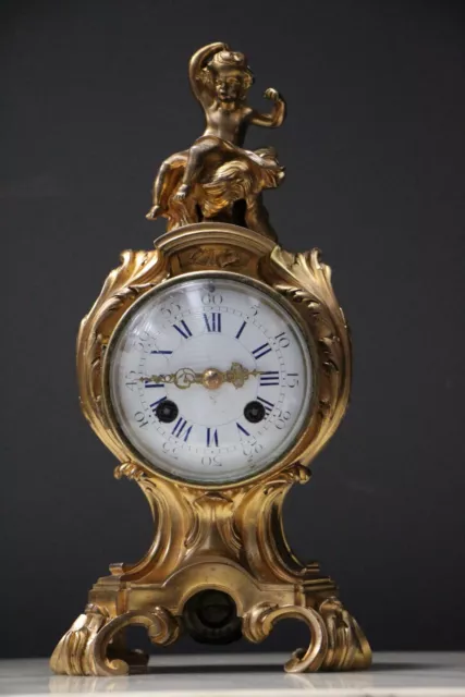 Antique French Louis XV gilt bronze rococo Ormolu clock gilt cherub 8 day works