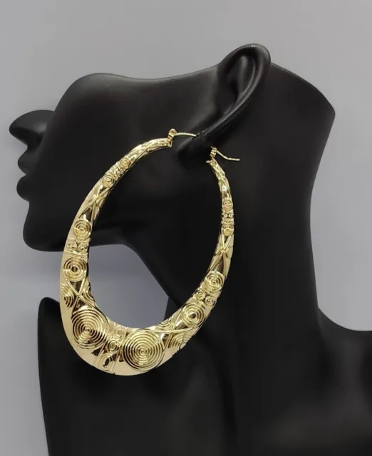 Golden Tone Engraved Oval Bamboo Hoop Earrings Large Costume Jewellery UK Gift.