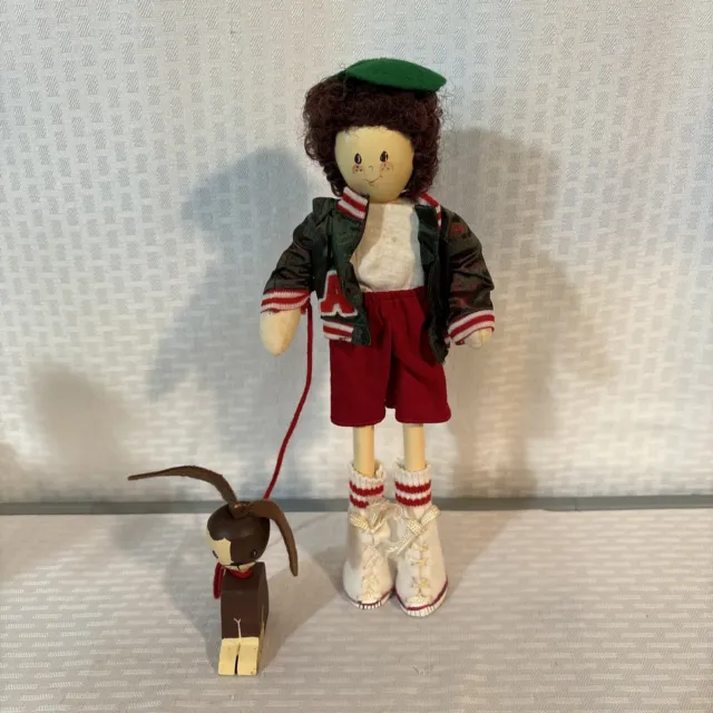 Vintage Apple dolly Flapjack & Bruiser Dog Apple 11” Wood Doll 1990’s