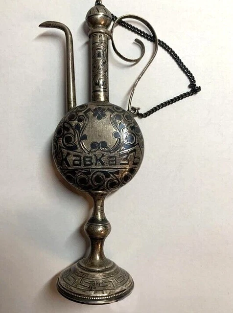 Antique Silver 84 Bottle KAVKAZ Niello Perfume Rare Old Russian Imperial Chain