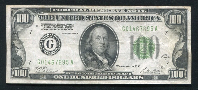 Fr. 2151-G 1928-A $100 Federal Reserve Note “Gold On Demand” Chicago, Il Vf (C)