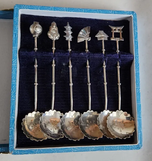Set 6 Unique Japanese Sterling Silver Demitasse Spoons in Original Hinged Box