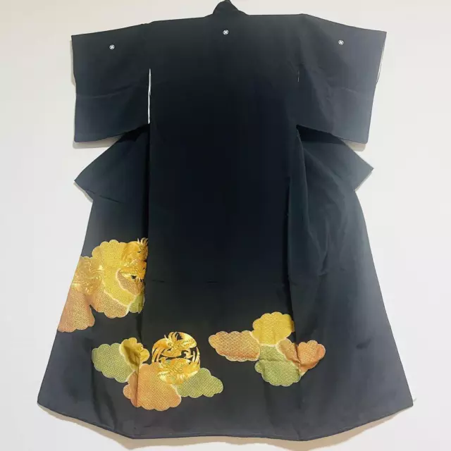 Japanese Kimono Black Tomesode Gold Embroidery 159cm Auspicious Patterns Antique