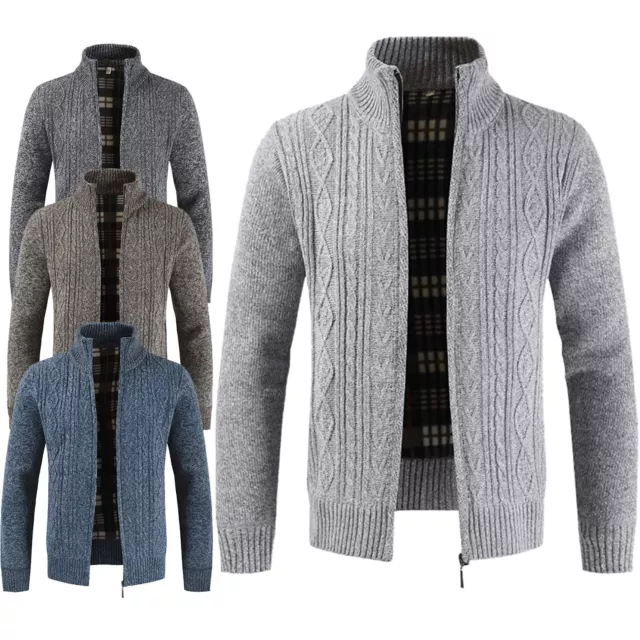 Mens Fleece Lined Zip Up Cable Knitted Wool Blend Jumper Cardigan Warm Winter