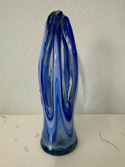 Art Glass Sculpture MCM Deco Blue & White Swirled Hand Blown Design 8.5” Tall