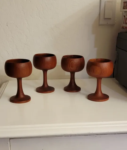 VTG Set of 4 Wooden Goblets Cups Wine Glasses MCM 5" Tall Retro Tiki Barware