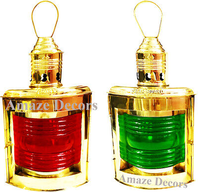 Shinny Brass Red & Green Glass Oil Lantern Maritime Nautical Ship Oil Lamp Decor