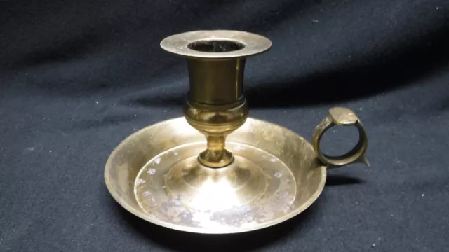 Small Vintage Brass Chamber Candle Stick Holder w/ Finger Loop & Drip Tray