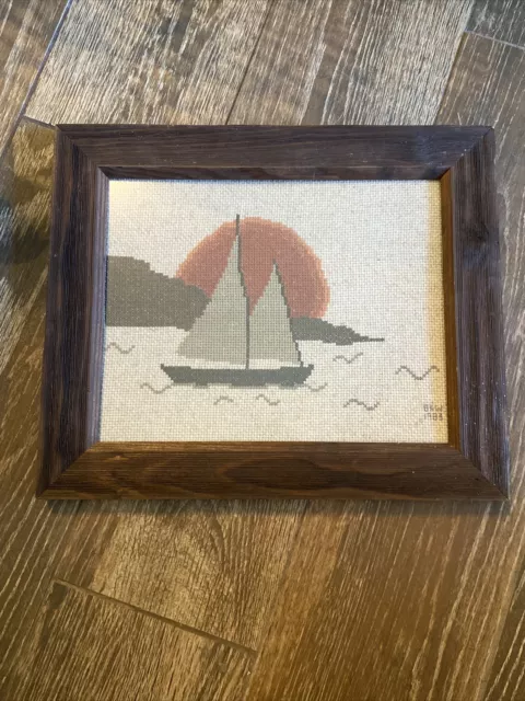 Vintage Needlepoint Framed Art Ship Sailboat Handmade 12.5”X10.5” Real Wood
