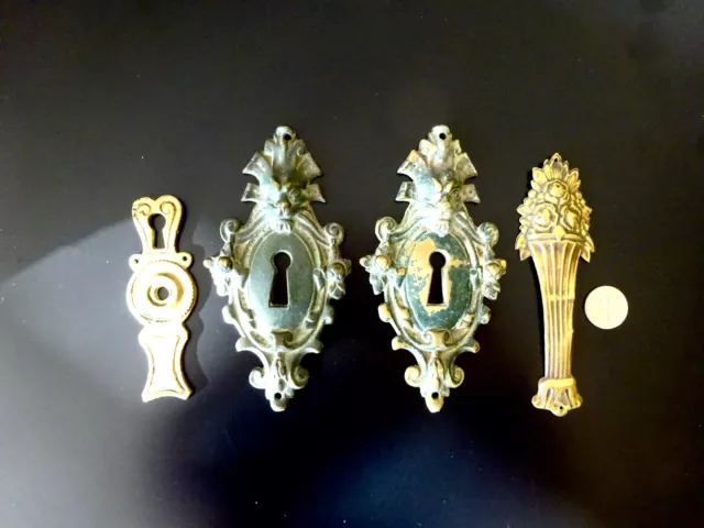 4 Antique Bronze French Lock Plates Salvage Mounts Brass Hardware Art Nouveau.