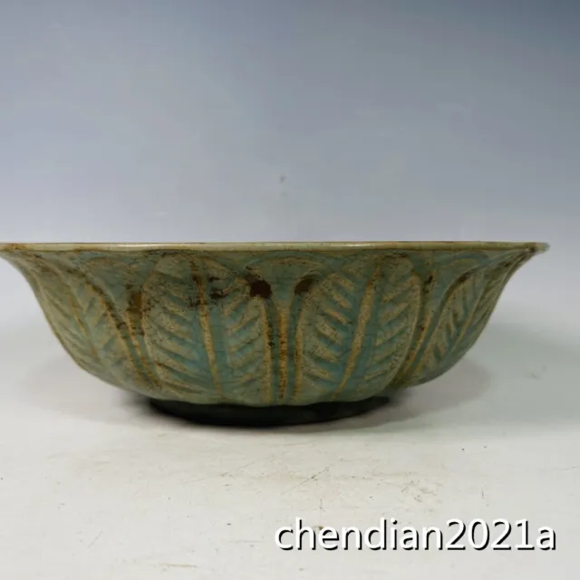 8.8" China Old porcelain Ru kiln of Song Dynasty Azure glaze leaf bowl