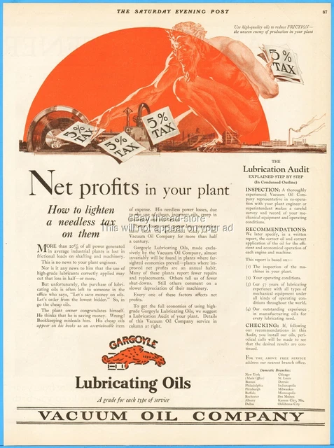1923 Gargoyle Lubricating Oil Friction Unseen Enemy of Production Vacuum Oil Ad