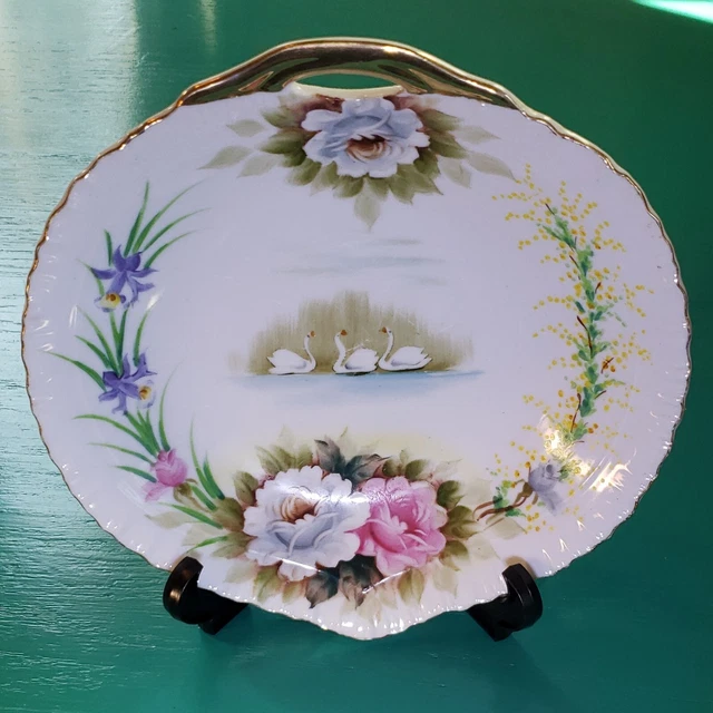 Ardalt Japan #0109 Heavy Gold Handle Swan Lake & Roses Dish 8 3/8"