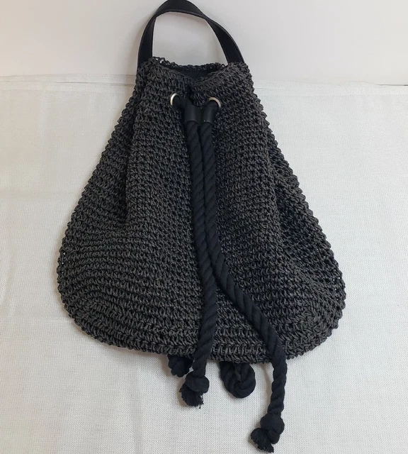 Black Raffia Woven Straw Purse Backpack Bag, Soft Rope Closure Hippie Boho Beach