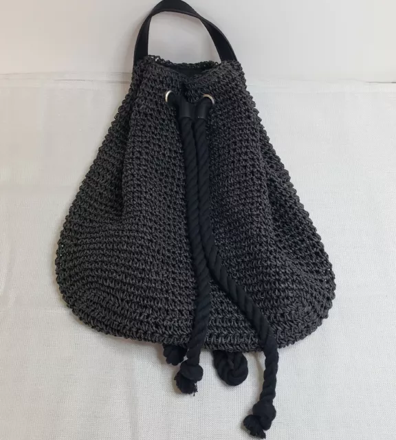 Sac à dos sac à dos en paille tissée noire Raffia, fermeture corde douce hippie boho plage