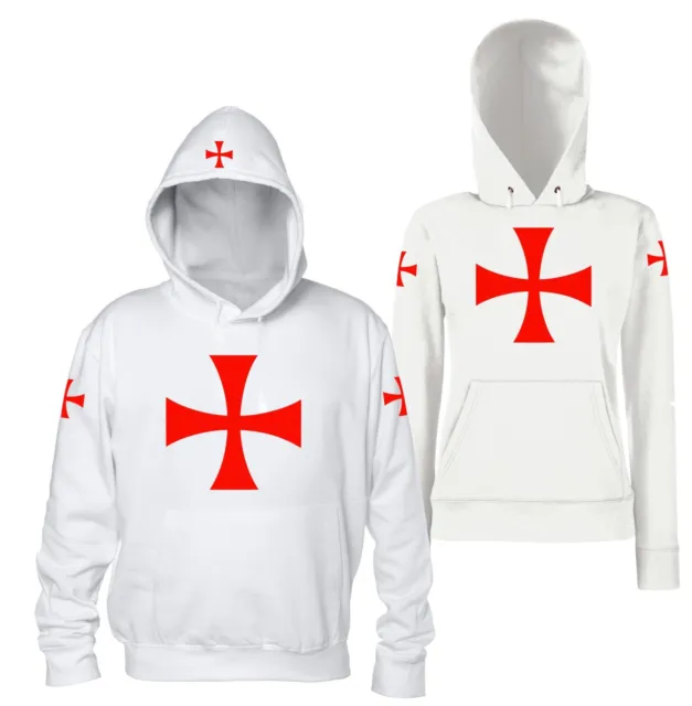 Croce Templare Felpa Bianca Cappuccio Cavalieri Templari Crociati Uomo Donna