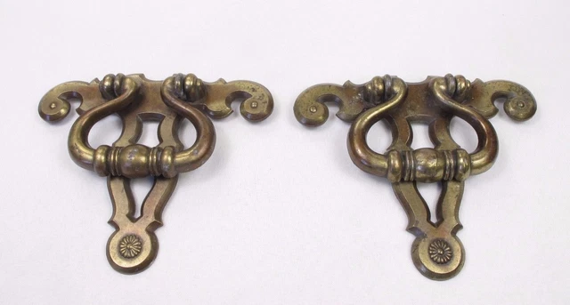 2 Vtg Drawer Pulls Large Brass Cabinet Handles 6" x 5" 3 1/4" Centers Victorian