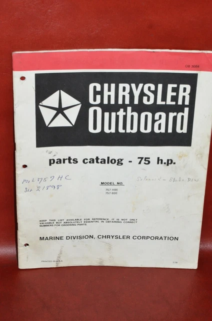 Vtg 1978 Chrysler Outboard Engine Parts Catalog 75hp Boat Motor Specs 757H9E B9E