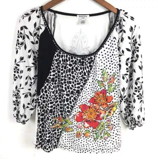 Krista Lee Womens Top Small White Black Floral Beaded 3/4 Sleeve Rayon Stretch