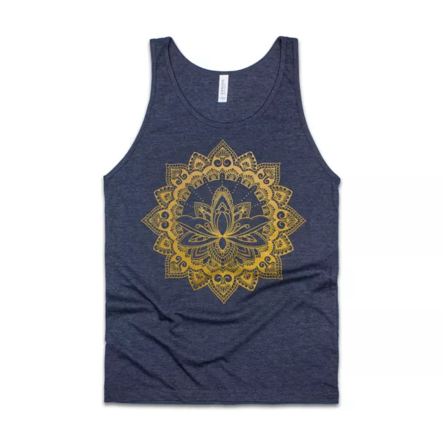 Lotus Mandala Tank Top Flower Tattoo Art Indian Gold Printed Tee Vest Mens Women