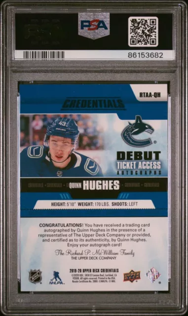 2019 Credentials Debut Ticket Access Autos Quinn Hughes Tier 2 Rookie Auto RC 2