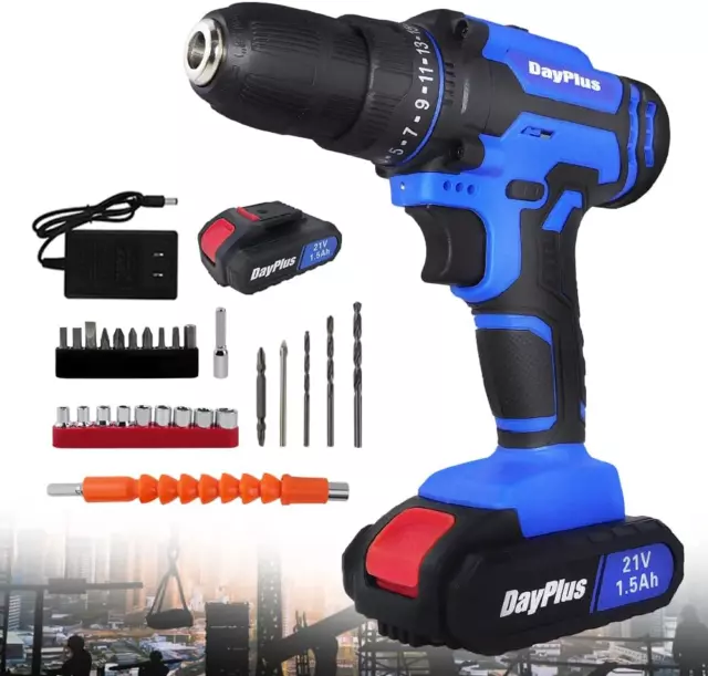 Power Drill Set 21V Cordless Drill Driver Kit 2x Batteries and Charger 2 Speed