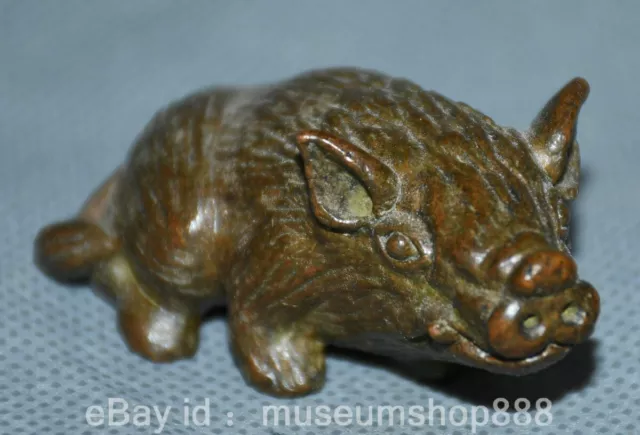 2.2" Old Chinese Red Bronze Craving Fengshui 12 Zodiac Year Pig Sculpture 2