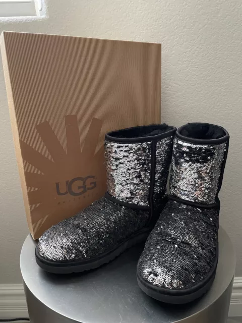 Ugg Silver & Black Sparkle Sequin Classic Short Boots