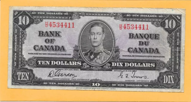 1937 Bank Of Canada 10 Dollar Bill H/D4534411 Nice (Circulated)