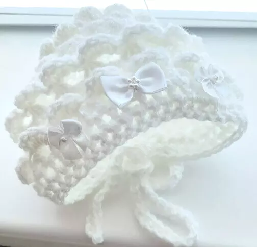 baby girl crochet white bonnet hat 3 white  satin bows  handmade to order