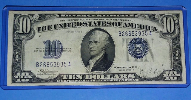 1934 C $10 Silver Cert.! Blue Seal, Vf. Circ.! Old Us Currency ! Nice !