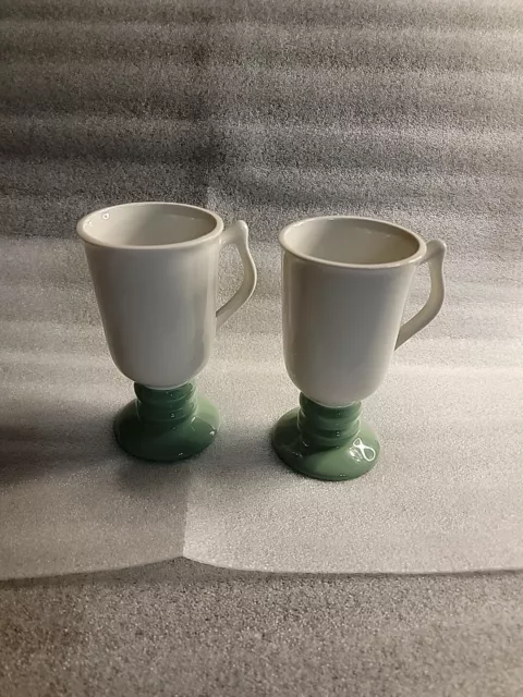 Pair Of Vintage Hall Footed Pedestal Irish Coffee Mugs #1273 USA Green & White