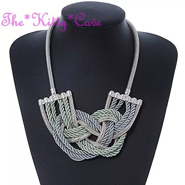 Stunning Silk Cord Braided Celtic Knot Silver Snake Chain Wide Collar Necklace