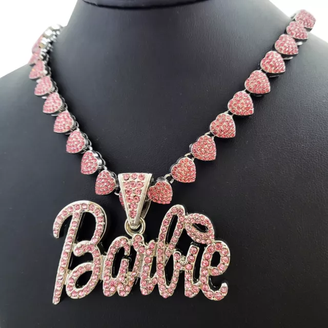 Women Silver Plated Pink Barbie & 20" Iced Cubic Zirconia Heart Chain Necklace