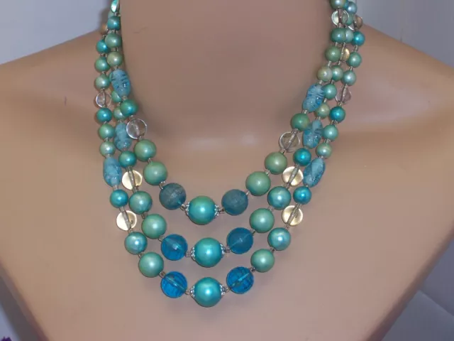 Vintage Triple Strand Blue Art Glass & Faux Pearl Bead Necklace