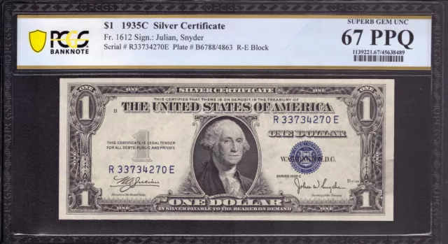 1935 C $1 Silver Certificate Note Fr.1612 Re Block Pcgs B Superb Gem 67 Ppq